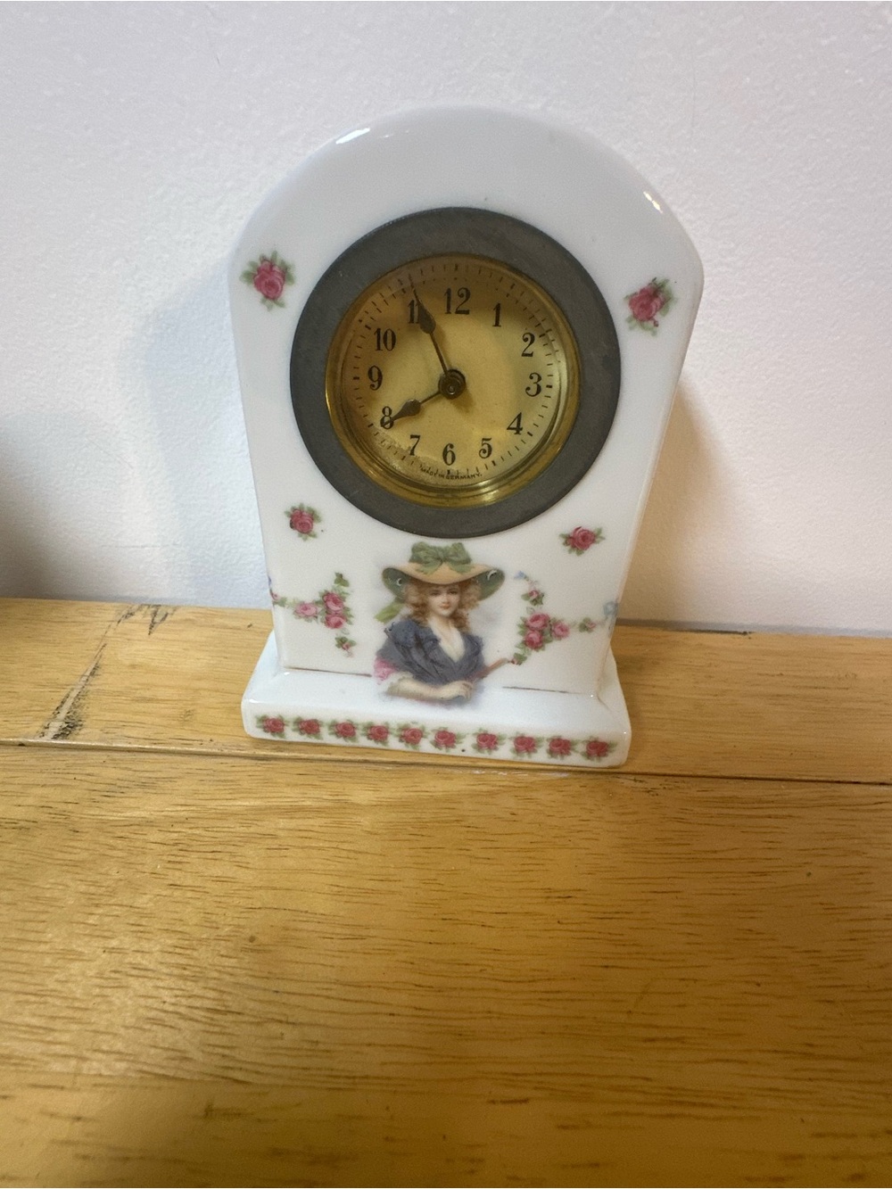 Porcelain Floral Mantel Clock with Pink Rose Accents
